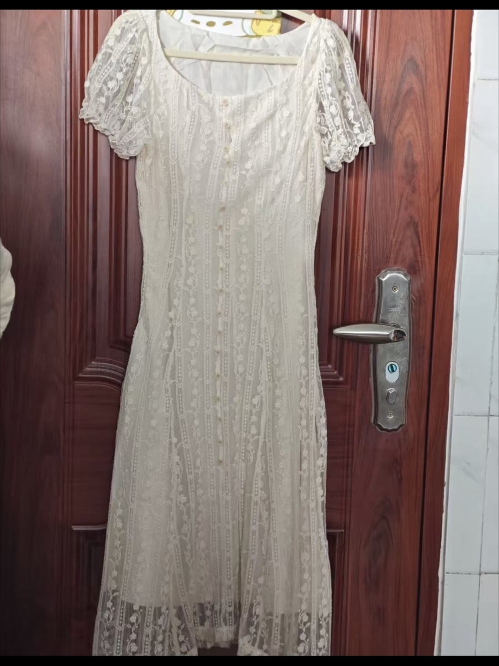 Elegant Cream Lace Midi Dress with Button Front